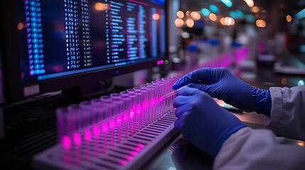 Scientist working with test tubes in a futuristic laboratory environment.
