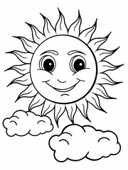 Create a simple black-and-white line art illustration for a coloring book. The design should feature a happy sun with a smiling face