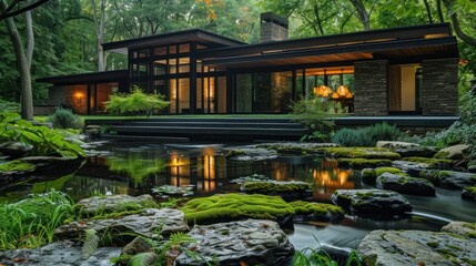 Obraz premium A modern house surrounded by greenery and a serene pond, blending nature and architecture.