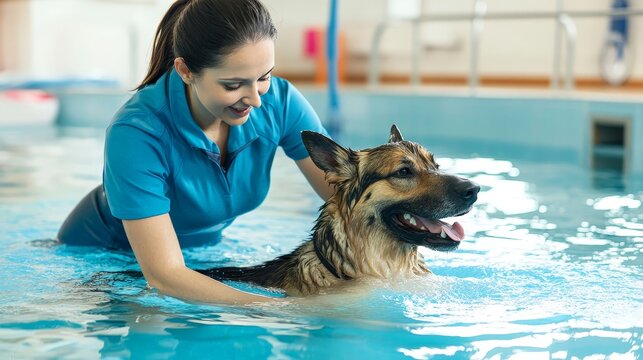 A physical therapist helping a dog with a leg injury perform water therapy in a rehabilitation pool.
