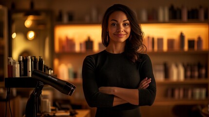 A portrait of a female hairdresser standing proudly by her station, with a blow dryer in one hand and her organized salon workspace behind her, lit by warm lighting.
