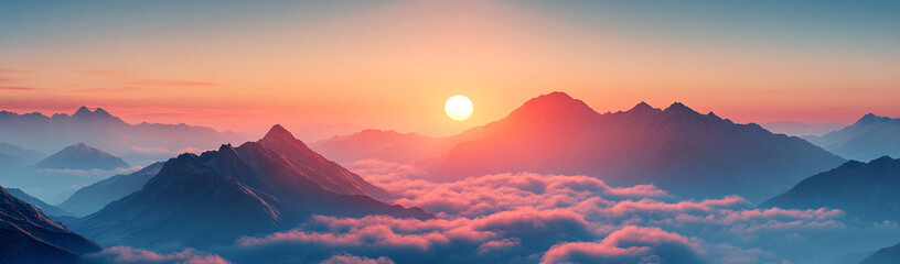 Fototapeta premium picturesque landscape at dawn with sun rising behind majestic mountains, casting warm glow over clouds. serene beauty evokes sense of tranquility and wonder