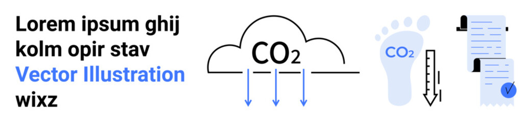 CO2 cloud with arrows, carbon footprint, thermometer with decreasing temperature, documents with checkmark. Ideal for environmental awareness, climate change, sustainability reports, green