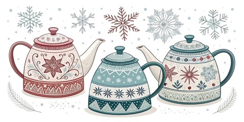 illustration set of cute teapots with winter patterns on white background.
