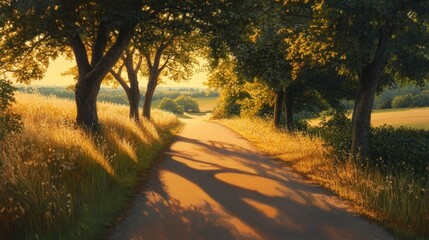 A quiet rural road at sunset, with trees casting long shadows and the golden light illuminating the landscape.