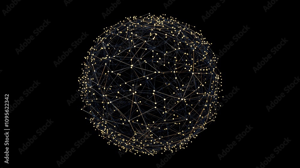 Poster abstract 3d sphere representing global network connectivity with bright nodes and dark background fo