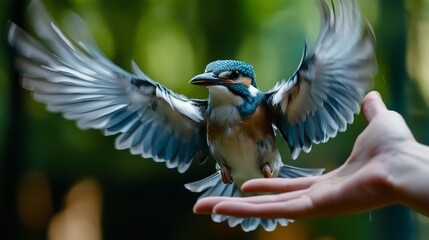 A rehabilitated bird flapping its wings as it is released from a wildlife rehabilitation center.