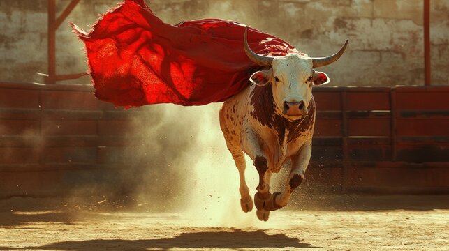 A white bull with red cape charging in the arena, with dust and sunlight.