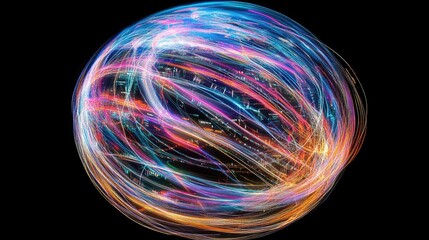 Colorful Light Trails Creating an Abstract Pattern Representing Motion and Energy in a Vibrant Sphere of Swirling Lines on a Dark Background