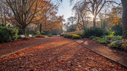 Fototapeta premium A serene autumn pathway lined with fallen leaves and trees, inviting peaceful strolls.