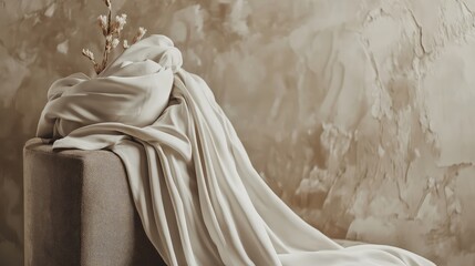 Soft Cream Drapery over Cozy Texture with Natural Elements against a Neutral Background for a Tranquil and Elegant Aesthetic in Interior Design