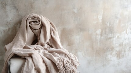 Cozy Neutral Linen Scarf Draped Over a Soft Vintage Chair Against an Elegant Textured Wall Background Perfect for Invoking Comfort and Warmth in Interior Design Projects