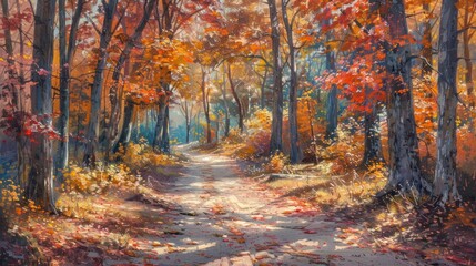 Obraz premium A serene forest path adorned with vibrant autumn foliage and warm sunlight.