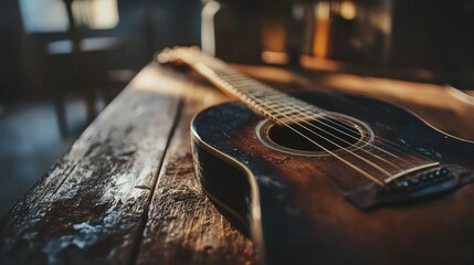 Fototapeta premium Vintage Acoustic Guitar Resting on a Rustic Wooden Table in a Cozy, Sunlit Room Evoking Warmth and Serenity in a Musical Setting