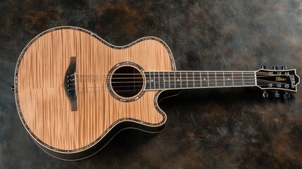 Obraz premium Acoustic guitar crafted with intricate wood grain design, showcasing natural beauty and elegant craftsmanship on a textured background perfect for music enthusiasts and designers.