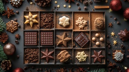 Tray of chocolates and cookies on a table, food background, advent begins