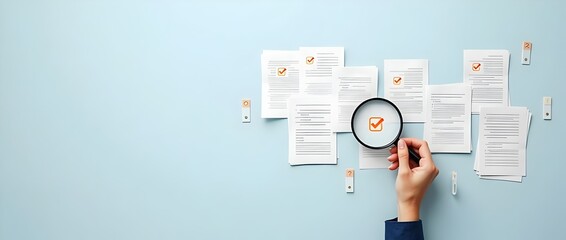 Hand holding magnifying glass over a document icon with checklist, Document review process and quality control concept. Document review and approval. Certificate management, Audit, Standardization