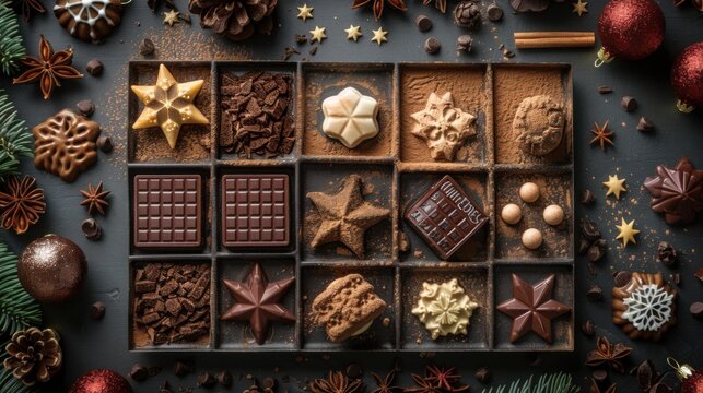 Tray of chocolates and cookies on a table, food background, advent begins