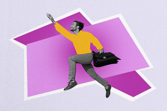 Trend artwork sketch design montage 3D collage of young guy run aim target goal hold suitcase office manager student abstract space