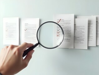 Hand holding magnifying glass over a document icon with checklist, Document review process and quality control concept. Document review and approval. Certificate management, Audit, Standardization