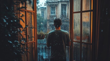 A man opening the door to his balcony to step out into the rain, his expression filled with wonder.
