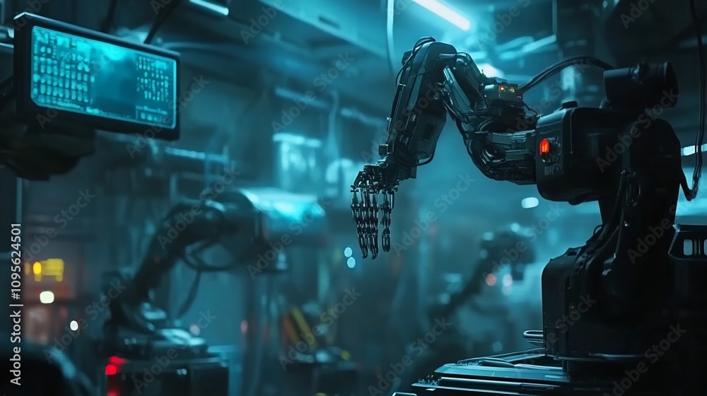Poster futuristic robotic arm in factory setting.