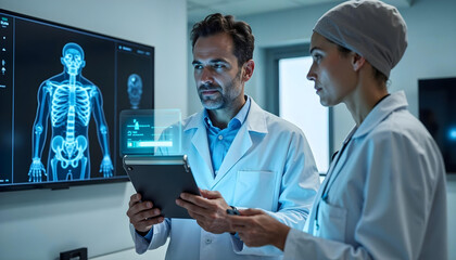 Healthcare and AI - A doctor using an AI-powered device to analyze a holographic 3D scan of a patient’s body v3