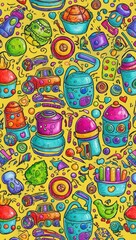 Fototapeta premium kids toys doodle pattern with bright hues hand drawing