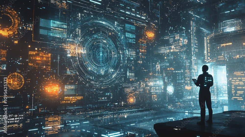 Poster futuristic man reviewing data on a massive holographic display.