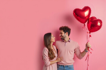 Happy young couple with beautiful heart-shaped balloon on pink background. Valentine's Day celebration
