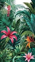 Lush tropical jungle with exotic flowers hand drawing
