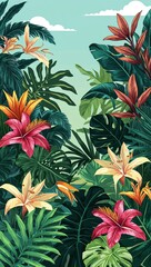 Lush tropical jungle with exotic flowers hand drawing