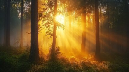 A misty forest scene during golden hour, with sunlight streaming through the trees and illuminating the fog.