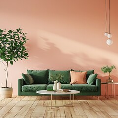 Peach-Colored Living Room Interior with Green Accents, Featuring Modern Furniture, Natural Light, and a Cozy, Stylish Ambiance