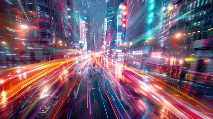 Fototapeta premium A vibrant cityscape at night, showcasing dynamic light trails from moving vehicles.