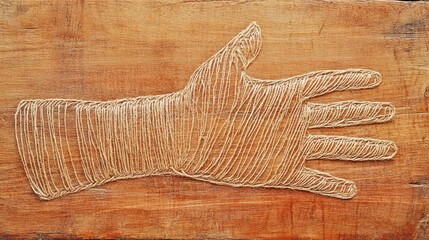 Fototapeta premium Intricate Textured Hand Artwork with Twine Detailing on Wooden Background Showcasing Creativity and Craftsmanship in Handicraft and Artistry