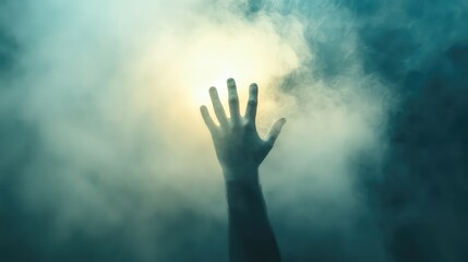 Hand Reaching Through Misty Fog with Ethereal Light Background, Symbolizing Hope, Discovery, and the Search for Meaning in an Uncertain World of Mystical Illusions