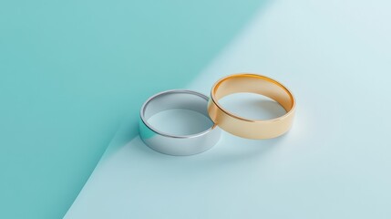 Elegant Silver and Gold Wedding Bands on a Soft Turquoise Background, Symbolizing Love and Commitment for Romantic Occasions and Special Celebrations