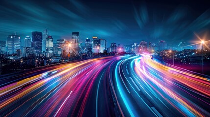 Fototapeta premium A vibrant cityscape at night with light trails from moving vehicles.