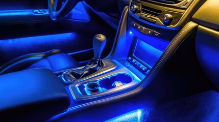 Naklejka premium Interior of a Modern Car with Blue Ambient Lighting Showcasing Stylish Design and Sleek Features for Automotive Enthusiasts and Designers