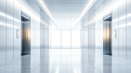 Modern Elevator Lobby with Sleek Design, Bright Lighting, and Polished Surfaces Creating a Futuristic Ambience for Corporate Spaces and Office Buildings