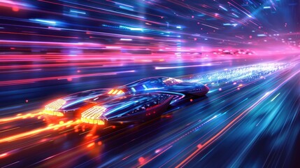 Fototapeta premium A futuristic vehicle speeds through a vibrant, neon-lit landscape, depicting motion and energy.