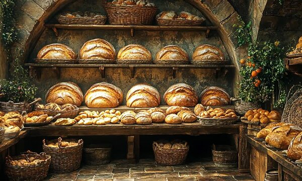 A rustic bakery display filled with various types of bread and baked goods.
