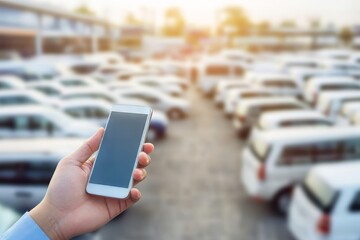 Caucasian male hand holding smartphone in car dealership parking lot, blurred background, cars, technology