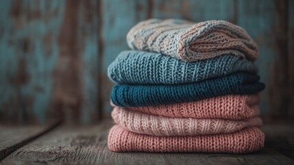 Soft and Cozy Knit Sweaters Stacked Neatly on a Rustic Wooden Surface with a Vintage Background, Ideal for Seasonal Fashion and Home Decor Inspiration