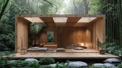 A modern wooden cabin in a lush forest, blending nature with minimalist design.