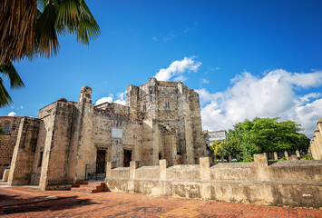Scenic view of the exterior of the Cathedral de Santa Maria la Menor in Santo Domingo, first and oldest catholic basilica in the Americas, Ciudad Colonial historic district, Dominican Republic