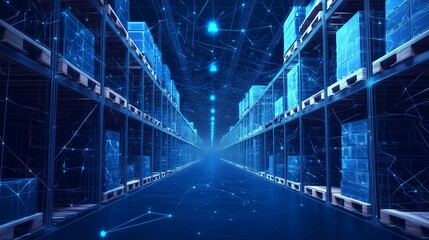 Abstract Real-Time Logistics Tracking Dashboards in Warehouses, Featuring Low Poly Wireframe Design, Glowing Particles, and Futuristic Lines on a Dark Blue Background.