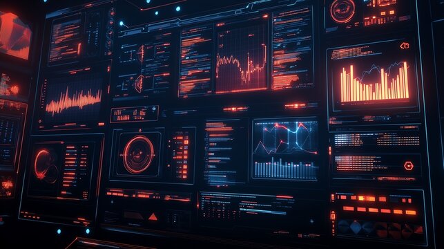 Abstract Holographic Displays Showing Inventory and Workflow Data, Featuring Low Poly Wireframe, Glowing Particles, and Dynamic Lines on a Dark Blue Background.
