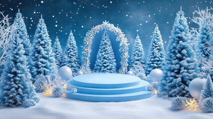 Winter stage podium surrounded by Light blue Christmas trees in snow. Christmas and New Year holiday background